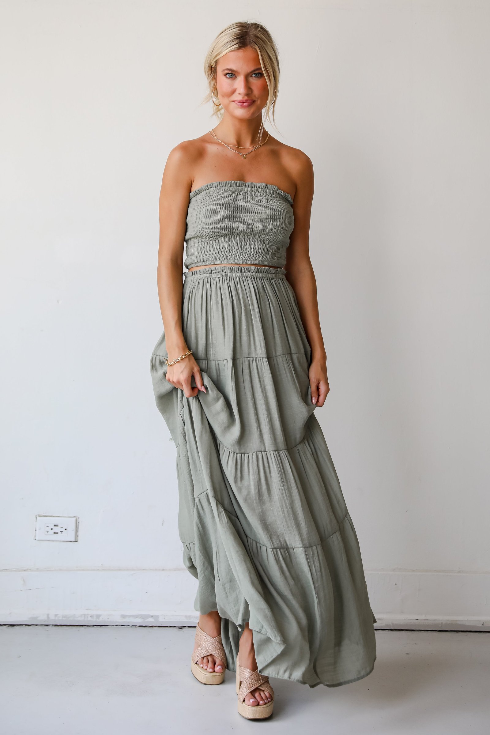 Goddess Vibes Light Olive Tiered Maxi Skirt EO19