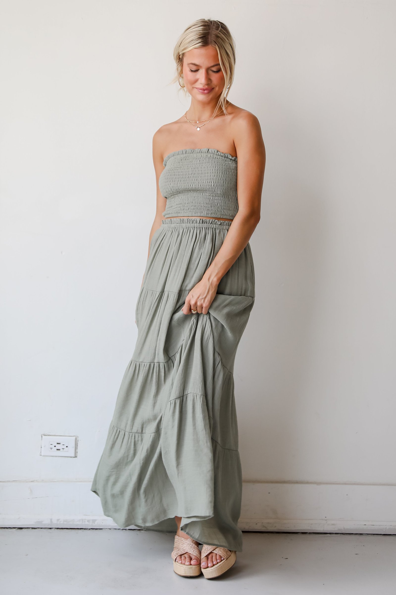 Goddess Vibes Light Olive Tiered Maxi Skirt EO19