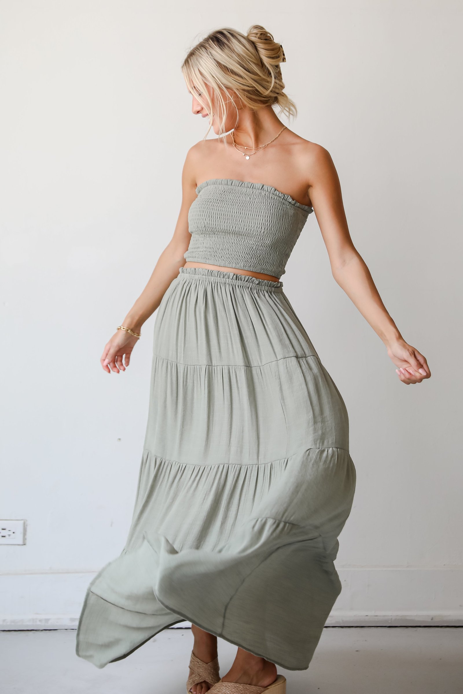 Goddess Vibes Light Olive Tiered Maxi Skirt EO19