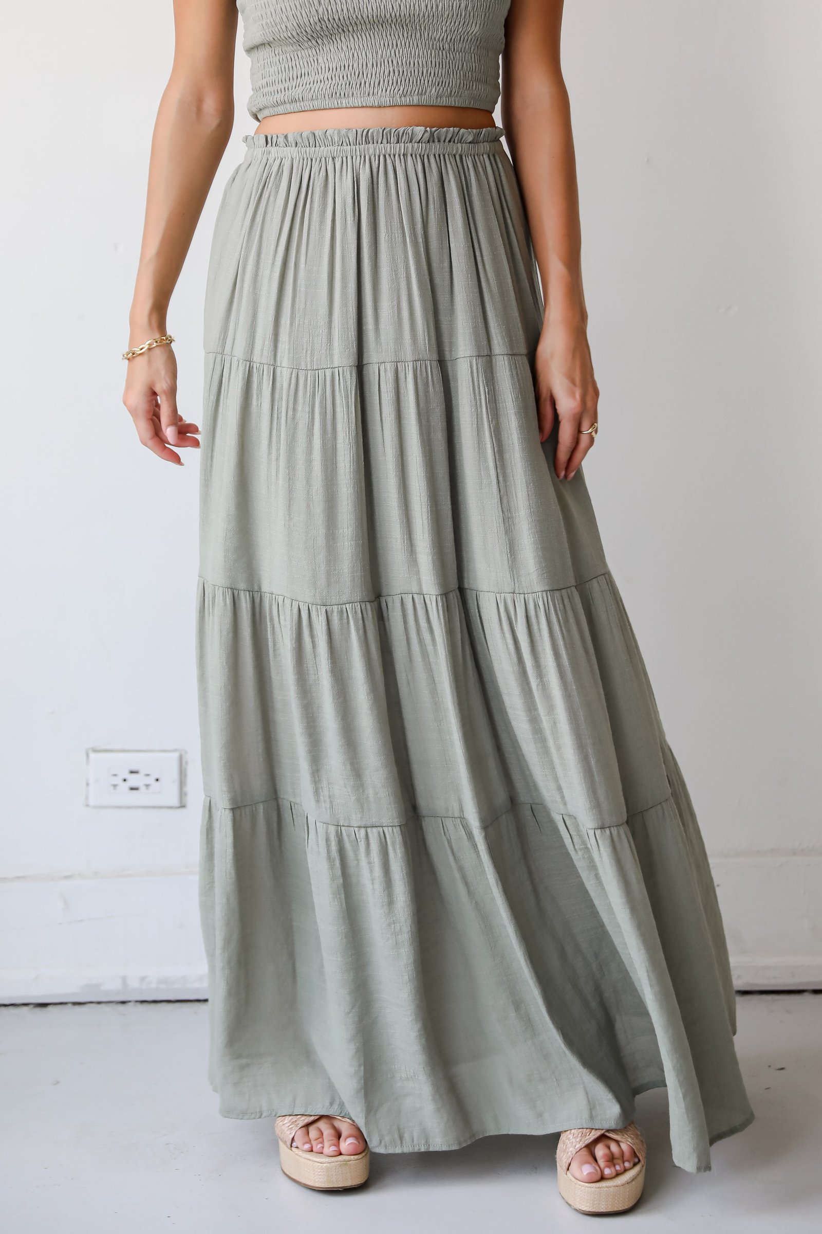 Goddess Vibes Light Olive Tiered Maxi Skirt EO19