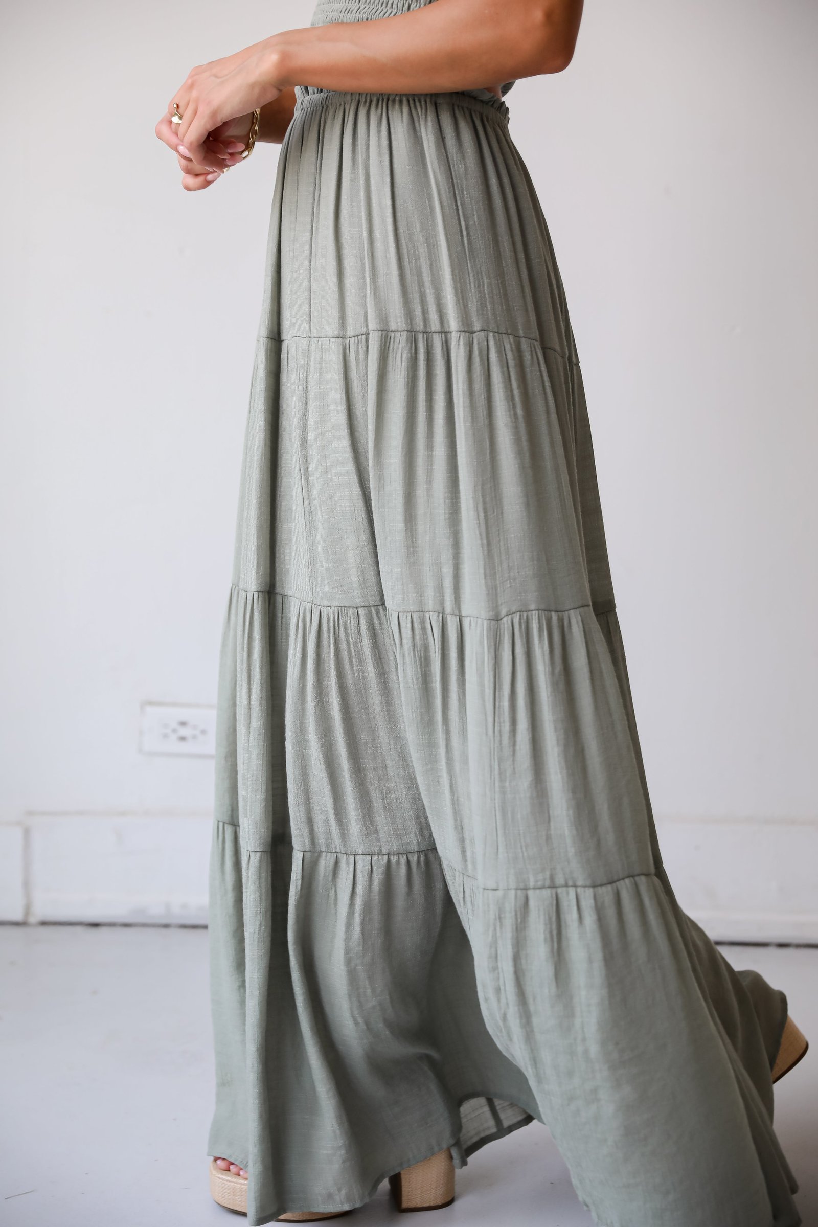 Goddess Vibes Light Olive Tiered Maxi Skirt EO19